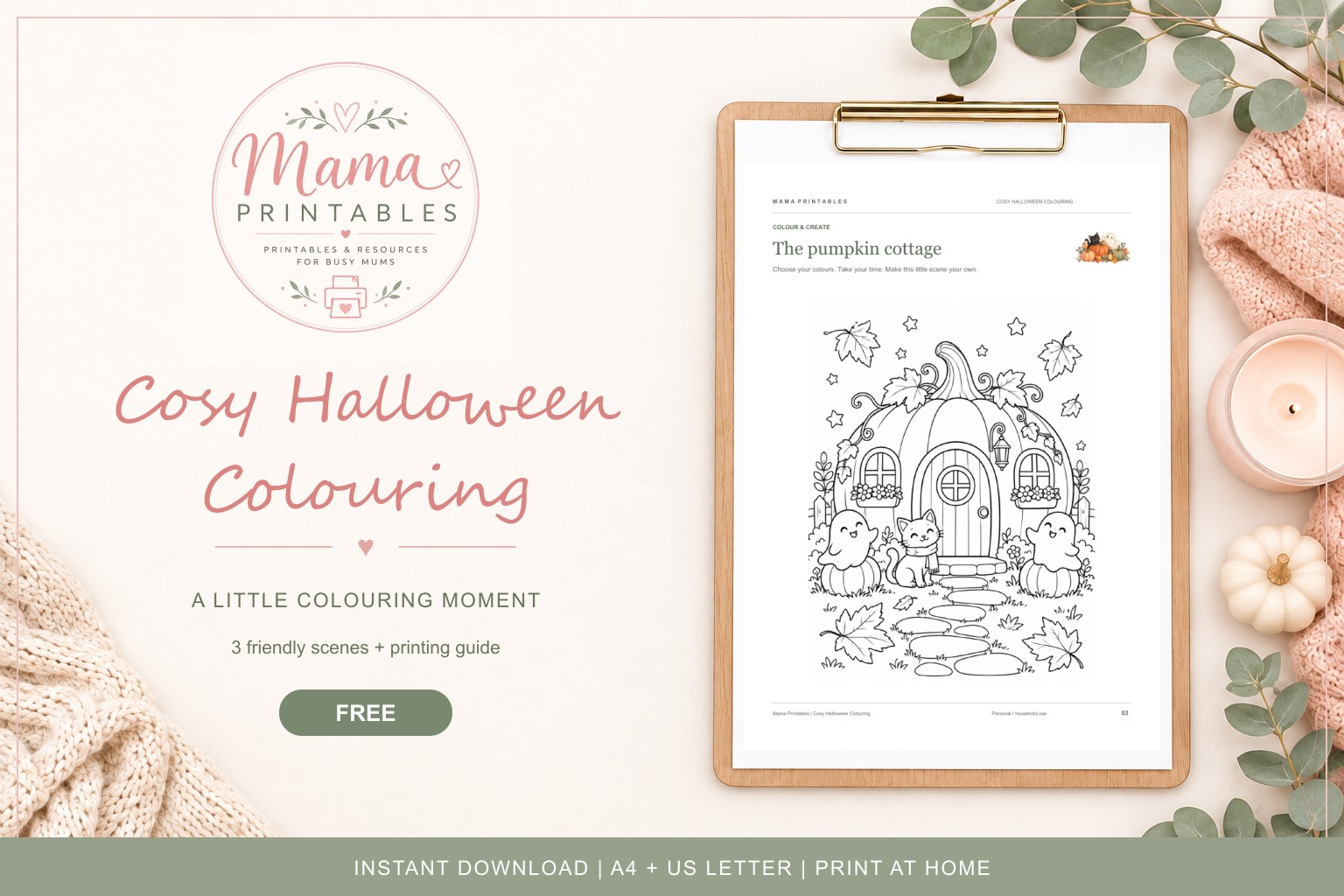 Cosy Halloween Colouring – Free Three-Scene Pack